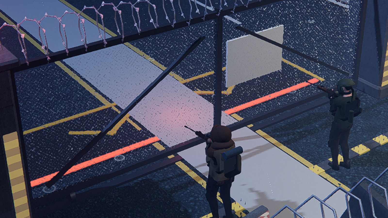 Quarantine razor-wire cordon gate and red laser tripwire at night